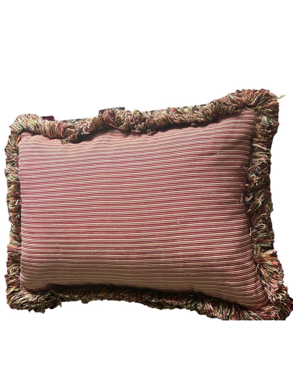 Ethan Allen Vintage Traditional Accent Pillow Stripes Burgundy Fringe Rectangle
